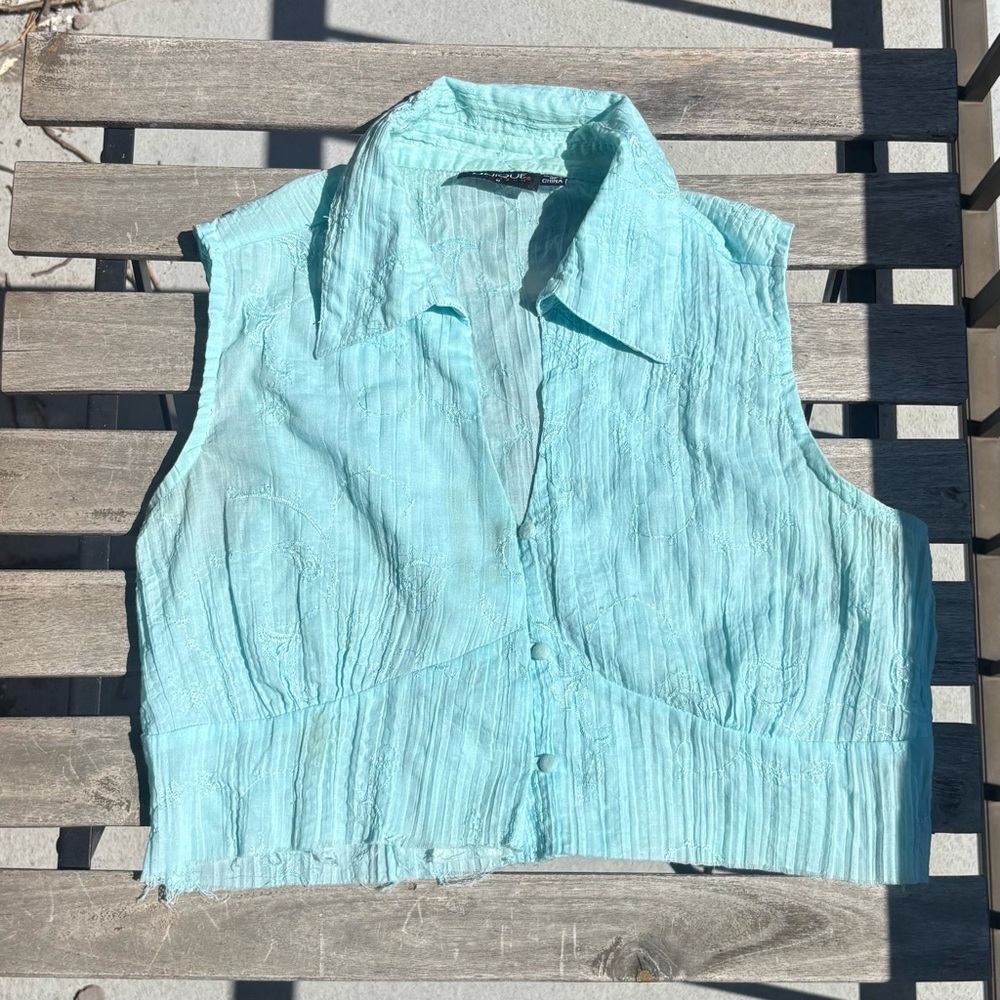 Unique Spectrum Aqua Sleeveless Button Down Shirt
